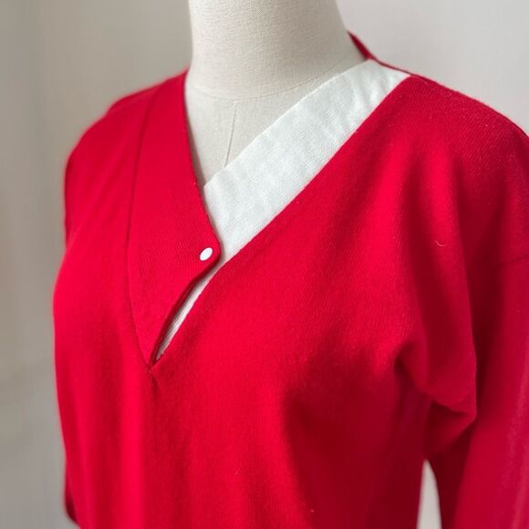 Vintage 70s Knitivo Red Ivory Lightweight Acrylic Sweater S M - Picture 4 of 7